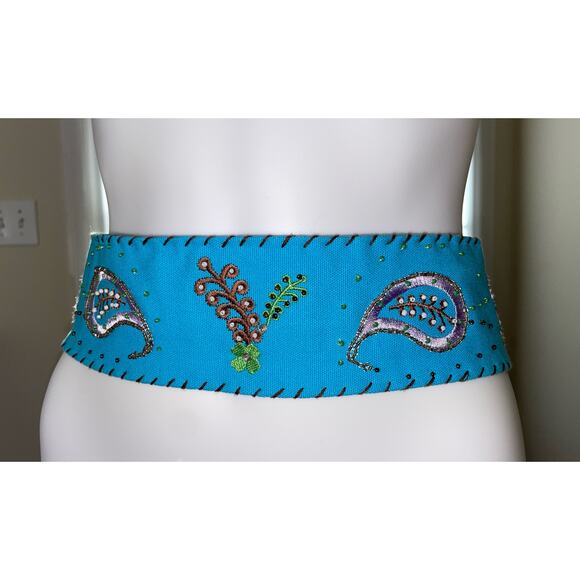 Turquoise Cotton Beaded Belt, Stitching, beads, sequins, dress up or down, M/L - Picture 1 of 4